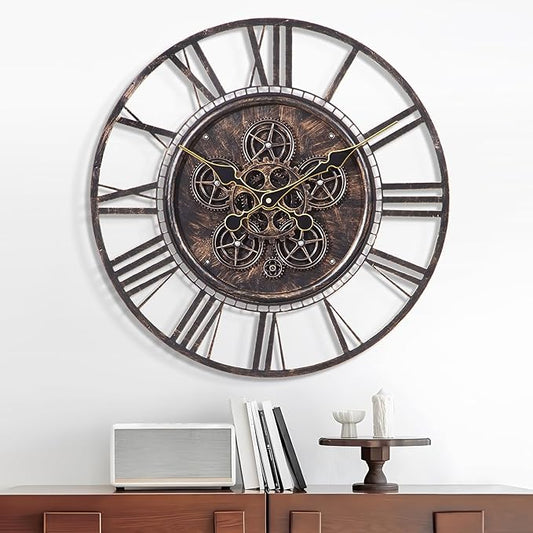Moving Gear Large Clock Wall 20inch/50cm Copper, Decorative Wall Clocks for Living Room, Unique Farmhouse Steampunk Metal Wall Clock Decor, Office Wall Clocks