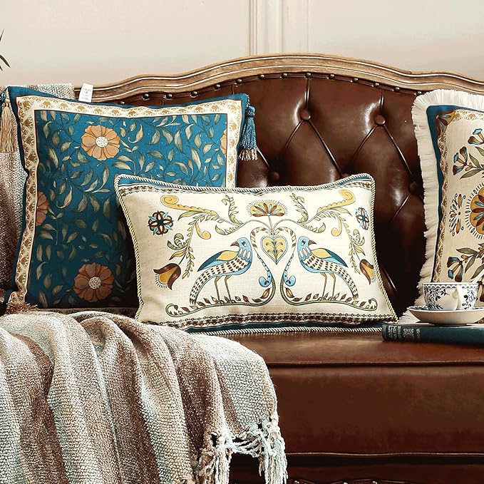 patdrea Designer Rectangle Throw Pillow Covers Set of 2,Farmhouse Blue Linen with Birds Floral Pattern Pillow Cover,Decorative Lumbar Pillowcases Cushion for Bed Living Room Outdoor Car,12"x20"