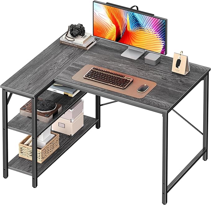 Huuger L Shaped Desk, 39 Inches Computer Desk with Reversible Storage Shelves, for Gaming Corner Home Office Writing Study, Metal Frame, Gray
