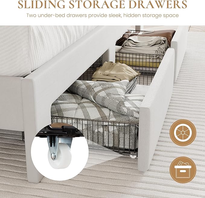 SHA CERLIN Velvet Queen Bed Frame with Vertical Channel Tufted Wingback Headboard & 2 Storage Drawers/2-Tier Shelves with LED Lights & Charging Station/Noise-Free/No Box Spring Needed/White