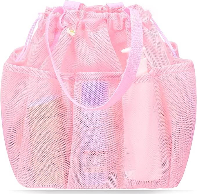 Mesh Shower Caddy Portable with Drawstring, Dorm Room Essentials for College Students Girls, Large Shower Bag for Camping,Swimming,Gym,Travel,Bathroom - Pink