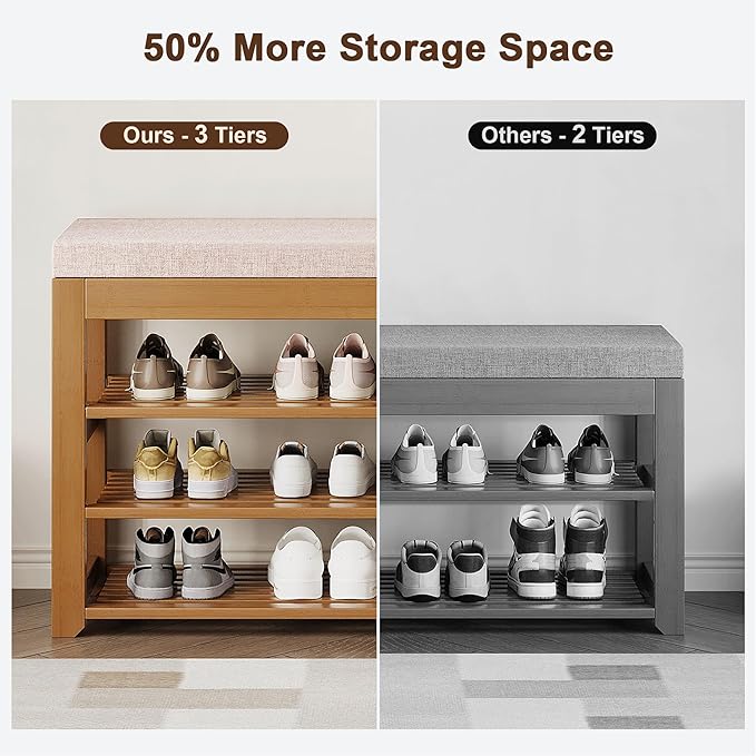 47.2 in Shoe Rack Bench with Cushion, 3 Tier Bamboo Entryway Bench with Storage for Entryway, Hallway, Bedroom, Living Room