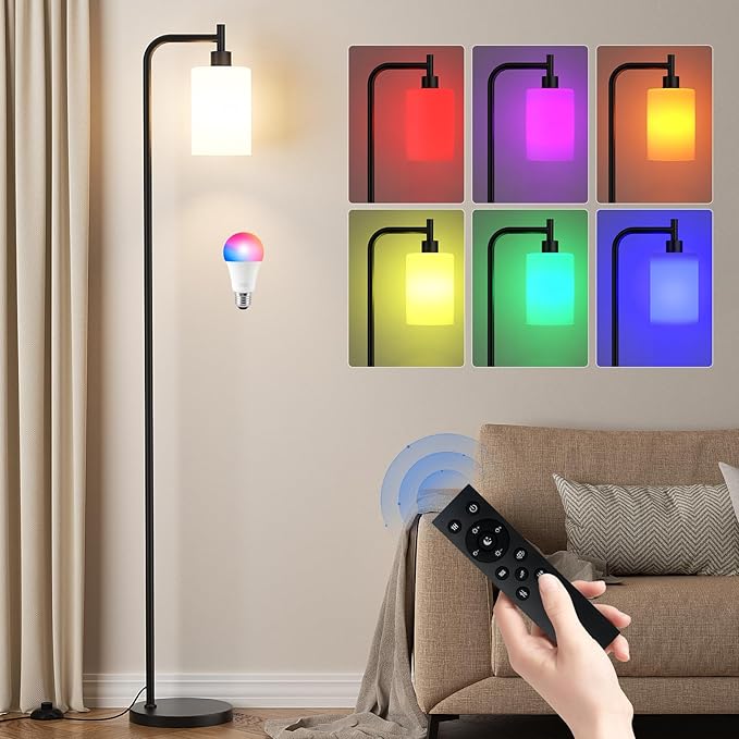RGB Floor Lamps for Living Room, Dimmable Industrial Standing Lamp with Remote Control for Bedroom Office Corner, 3 Colors Temperature, White Glass Shade, 9W RGB LED Bulb