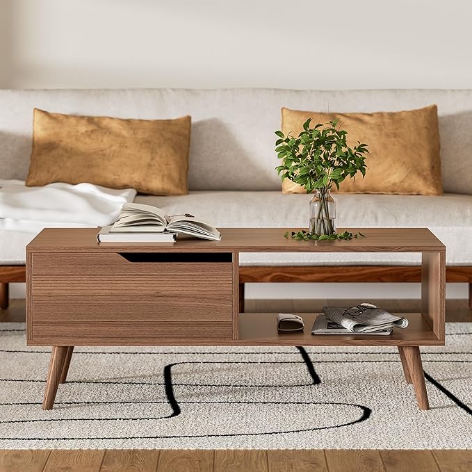 Brown Coffee Table, Mid Century Modern Coffee Table with Drawer & Shelf, 39'' Wooden Simple Console Table for Living Room