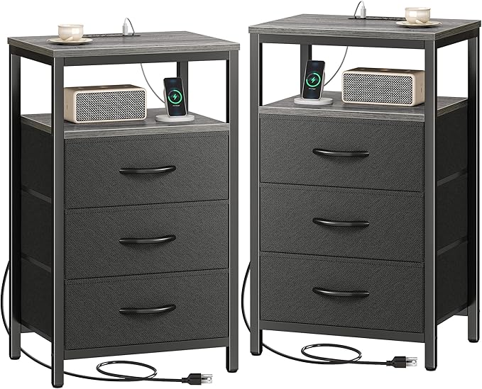 Huuger Nightstands Set of 2, 27.6 Inch End Tables with Charging Station, Fabric Drawers, Bedside Tables with USB Port and Outlet, Night Stands for Bedroom, Charcoal Gray