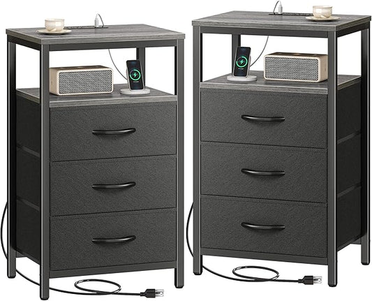 Huuger Nightstands Set of 2, 27.6 Inch End Tables with Charging Station, Fabric Drawers, Bedside Tables with USB Port and Outlet, Night Stands for Bedroom, Charcoal Gray
