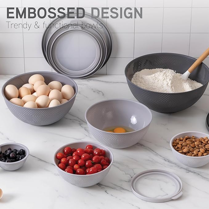 COOK WITH COLOR Mixing Bowls with Lids - 12 Piece Plastic Nesting Bowls Set includes 6 Prep Bowls and 6 Lids, Rhombus Design - Microwave Safe (Grey)