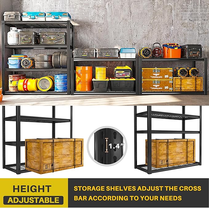 REIBII 40" W Garage Shelving 2240 LBS Storage Shelves Adjustable Heavy Duty Shelving 4 Tier Metal Shelves for Storage 59.5"H Metal Shelf for Pantry Basement Warehouse 40"W × 19.5"D × 59.5"H, 3 Pack