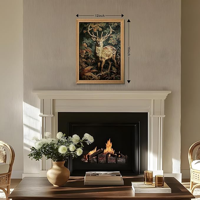 AKWISH Framed 3D Textured Vintage Wall Art - Dark Academia Decor Sika Deer Hand Drawn Sandstone Paintings with Botanical Florals, Aesthetic Wall Decor for Living Room Bedroom Home 12x16 inch