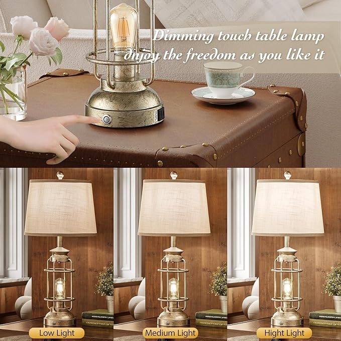28.5" Retro Industrial Table Lamp for Living Room Bedroom Set of 2 Dimmable Touch Control Bedside Farmhouse Lamps with USB A+C Charging Ports and 2 Light Sources