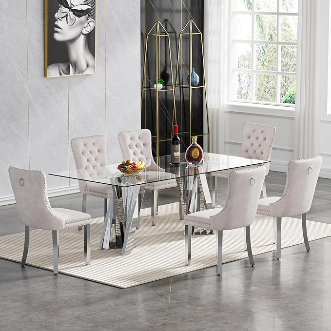 Goujxcy Modern 7 Piece Glass Dining Table Set Luxury Glass Kitchen Table and Chair Set for 6, 70" Large Rectangular Dining Room Table with 6 Tufted Chairs and Stainless Steel Legs (Silver & Beige)