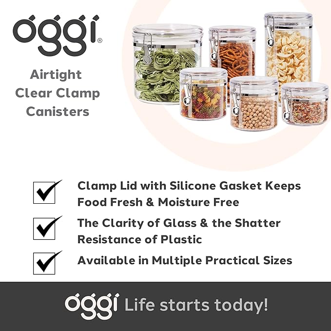 OGGI Tall Clear Canister with Clamp Lid, 58 oz - Large Airtight Food Storage Container, Ideal for Kitchen & Pantry Storage of Bulk, Dry Foods Including Pasta & Spaghetti, Plastic