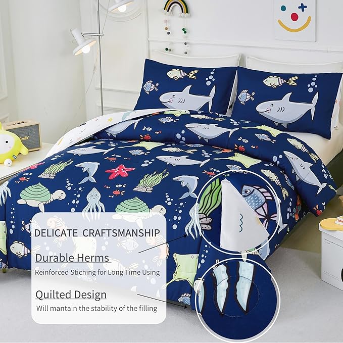 RYNGHIPY Kids Bedding Set for Twin Bed Reversible Ocean Animals Print Comforter Set for Boys Girls Easy-Wash Super Soft Microfiber Bed Set (Navy Ocean,Twin)