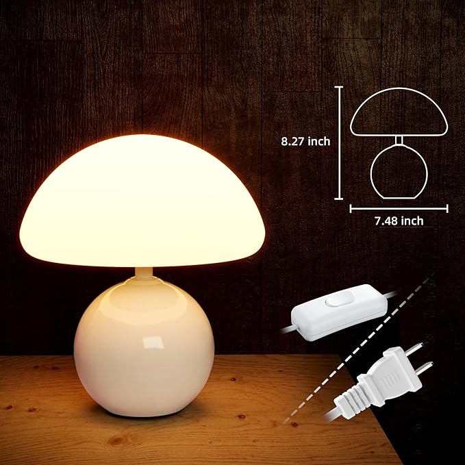 Ceramic Mushroom Lamp, Cute Mini Bedside Lamp for Aesthetic Room Decor, Dimmable Small Glass Night Light for Bedroom Living Room, Vintage Unique Table Lamp for Nightstand, White Mushroom Light