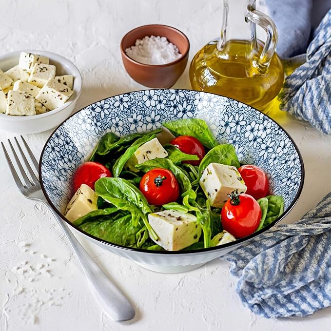 38 oz Japanese Ramen Bowl Set of 6 - Large 8 Inch Ceramic Soup Bowls, Blue and White Japanese Noodle Bowls for Pho, Ramen, and Salad - Cherry Blossom Floral Patterns