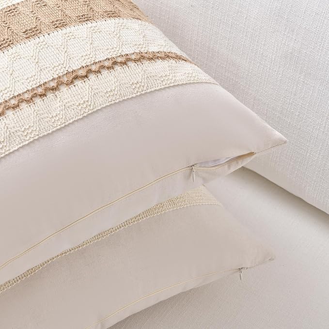 Fancy Homi Set of 2 Boho Neutral Euro Decorative Throw Pillow Cover 26x26 Inch for Couch Bed Bedroom, Aesthetic Modern Organic Farmhouse Room Decor, Soft Cotton Accent Macrame Woven Tan Cushion Case