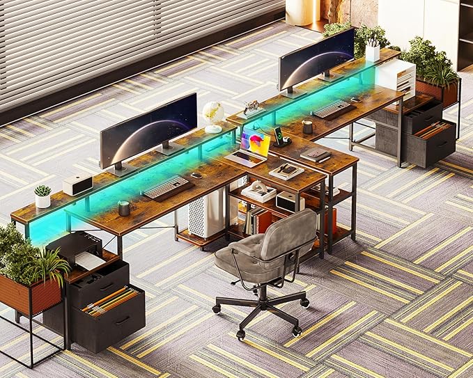 ODK L Shaped Desk with File Drawer, 75" Reversible L Shaped Computer Desk with Power Outlet & LED Strip, Office Desk with Storage Shelves, Gaming Desk with Monitor Shelf, Corner Desk, Vintage