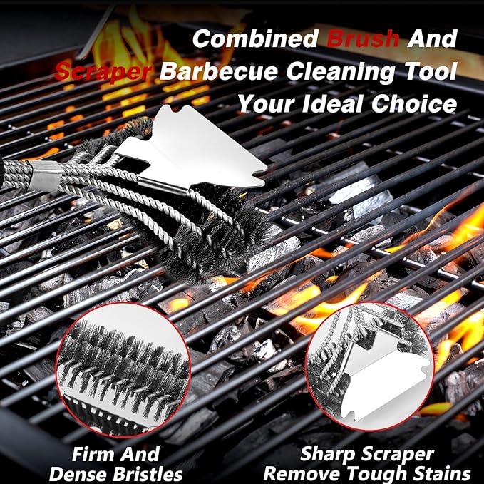 Professional Grill Brush and Scraper Kit - Heavy Duty BBQ Grill Cleaner Brush with Stainless Steel Scrubber, Outdoor Grill Cleaning Tools for Home, Restaurant & Commercial Use