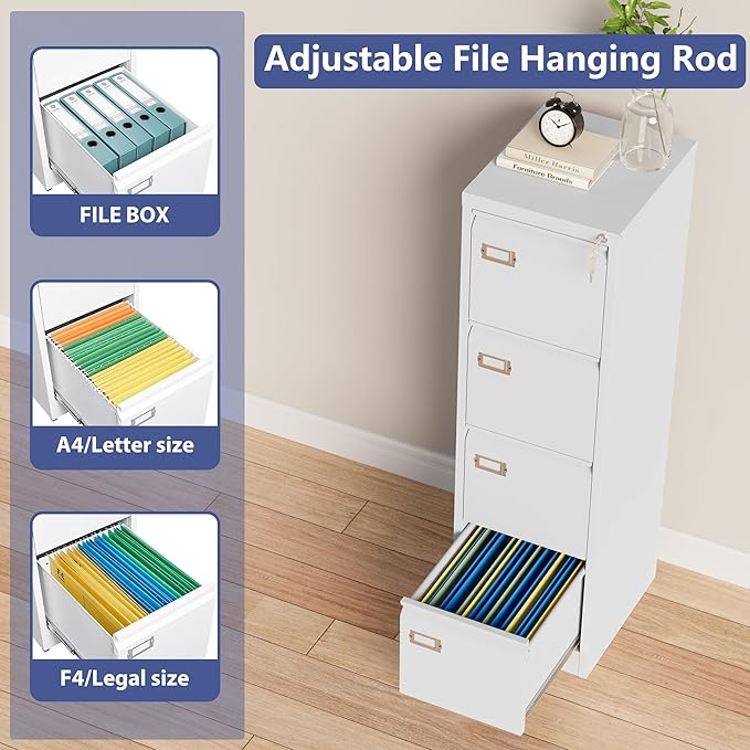 4 Drawer File Cabinet with Lock, Metal Filing Cabinets, Vertical Small Filing Cabinet Steel Lockable Storage Cabinets for Home Office to Organization Hanging Letter/Legal/F4/A4