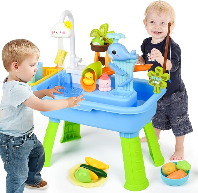 2026 Upgraded Water Table for Toddlers 1-3, Water Table with Pump,Toy Kitchen Sets for Kids Ages 4-8, with Detachable Legs, Play Sink with Electric Faucet, Includes Play Vegetables and Fishing Game