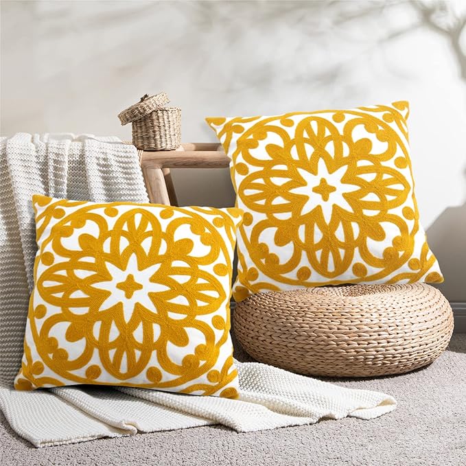 Alysheer Embroidered Decorative Throw Pillow Covers 18"x18" Set of 2 Pieces, Cozy Boho Mandala Knit Pattern, Durable 100% Cotton Canvas，Mustard Yellow Cushion Cases for Sofa Couch Living Room (Gold)