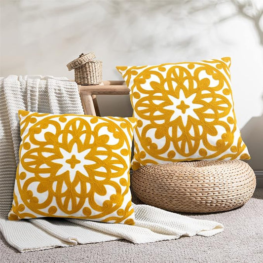 Alysheer Embroidered Decorative Throw Pillow Covers 18"x18" Set of 2 Pieces, Cozy Boho Mandala Knit Pattern, Durable 100% Cotton Canvas，Mustard Yellow Cushion Cases for Sofa Couch Living Room (Gold)