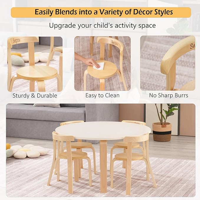 Swegrow Wooden Kids Chair, Toddler Chair for Table, Kids Stackable Chairs, Kid Wooden Furniture for Family/Playroom/Classroom（Set of 4-Natural Wood）