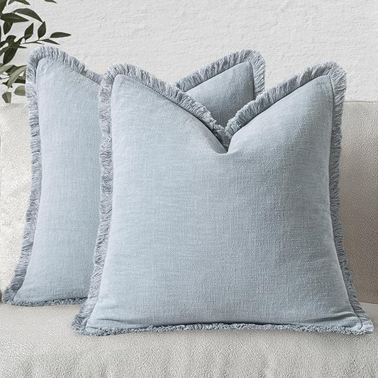 MIULEE Decorative Throw Pillow Covers Neutral Linen Fringe Throw Pillows Set of 2 Sky Blue Boho Farmhouse Cushion Covers for Couch Sofa Bed Living Room Spring Home Decor 20x20 Inch