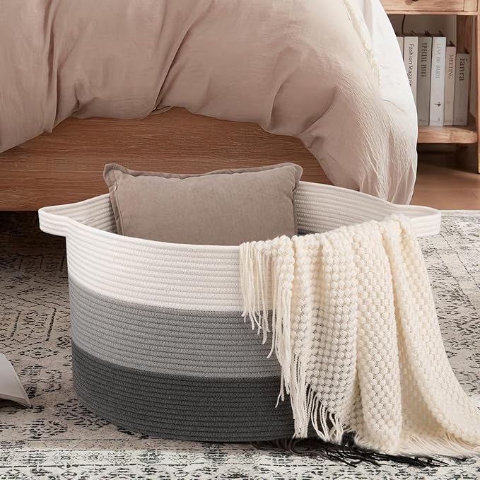OIAHOMY Extra Large Storage Basket, 23" x 13" Woven Blanket Storage for Living Room, Round Laundry Basket for Pillow-Gardient Dark Grey