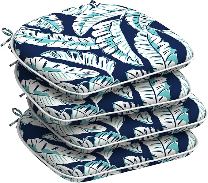 Set of 4 Outdoor Chair Cushions with Ties,Water Repellent Patio Chair Pads 17"x 16" for Outdoor Furniture,Round Corner Seat Cushions for Garden Yard Kitchen Baltic Palms White