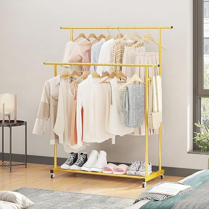 Calmootey Double Rod Clothing Garment Rack,Rolling Hanging Clothes Rack,Portable Clothes Organizer for Bedroom,Living Room,Clothing Store,Gold