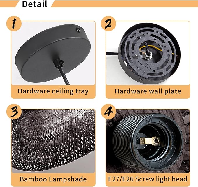 Black Bamboo Pendant Light, 11.8inch Hand-Woven Natural Wicker Rattan Farmhouse Lamp, Boho Hanging Chandelier, Rustic Kitchen Island Ceiling Pendant Light for Living Room, Dining, Foyer