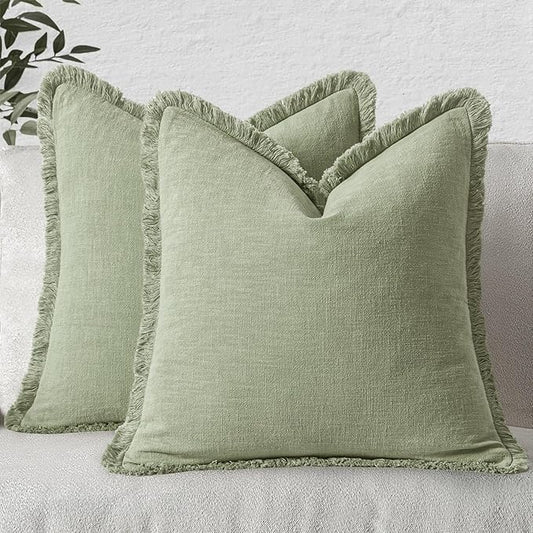 MIULEE Decorative Throw Pillow Covers Neutral Linen Fringe Throw Pillows Euro Shams Set of 2 Sage Green Boho Farmhouse Cushion Covers for Couch Sofa Bed Living Room Spring Home Decor 26x26 Inch