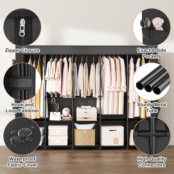Portable Closet Storage, Portable Wardrobe Closet Organizer Clothes Rack wtih Cover, Hanging Rod, Storage Shelves and Side Pockets, Large Portable Closets for Hanging Clothes, Black