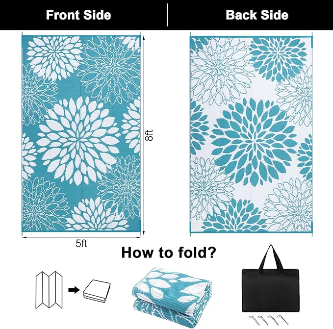 Ileading Reversible Outdoor Rug 5x8Ft Waterproof Patio Rug Carpet Portable Outdoor Plastic Straw Rug Large RV Camping Mat Rug for Patio, Clearance, Deck, Beach, Porch, Camping, Picnic, Flower Teal