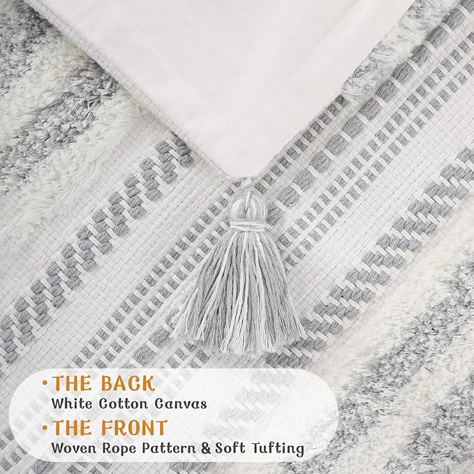 decorUhome Decorative Boho Throw Pillow Cover 18x18, Accent Neutral Textured Tufted Pillow Cover Striped for Couch Bed Sofa, Grey and Cream White, Pack of 1