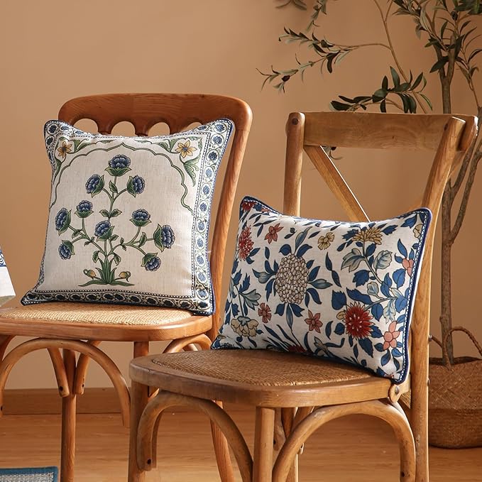 patdrea Designer Throw Pillow Covers Set of 2,Euro Elegant Linen with Colorful Blooming Floral Pattern Pillow Cover,Decorative Lumbar Pillowcases Cushion for Bed Living Room Outdoor Car,12"x20"