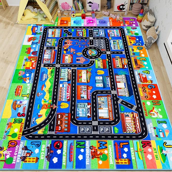 Kids Rugs for Toy Cars Playroom 78.7"×59" ABC Transportation Animals Play Mat Educational Mat Alphabet Area Rug Public Buildings Kids Playtime Collection Toddler Learning Carpet