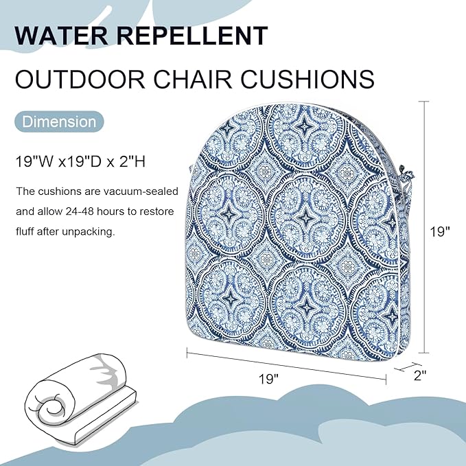 Set of 4 Outdoor Chair Cushions 19"x19"x2",Water Repellent Dining Seat Cushion with Ties and Removable Covers, Chair Cushions for Indoor and Patio Furniture, Medallion Blue