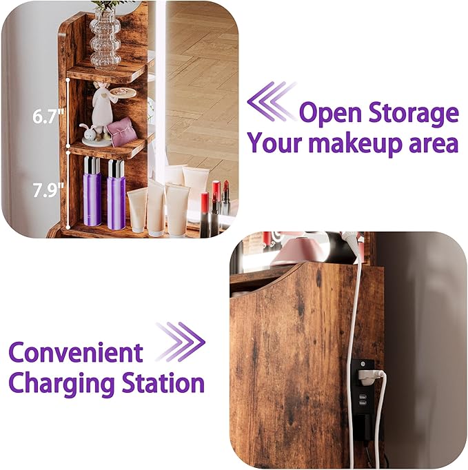 LIKIMIO Small Makeup Vanity Desk with Mirror and Lights, Vanity Table Set with Storage Drawer, Chair and Three Shelves, Bedroom, Vintage Brown