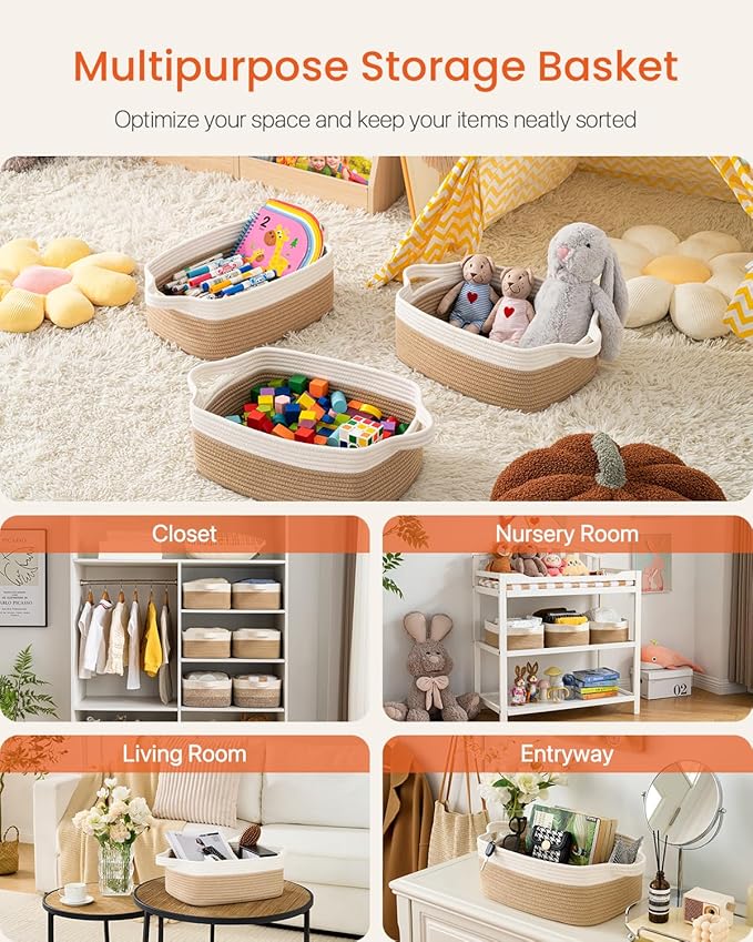 KALLAX Small Woven Basket, 14 x 10 x 5.6 Inches, Small Storage Baskets for Organizing, Gift Baskets Empty, Cute Rope Shelf Closet Storage Bins for Shelves, Dog Toy Basket, White & Brown