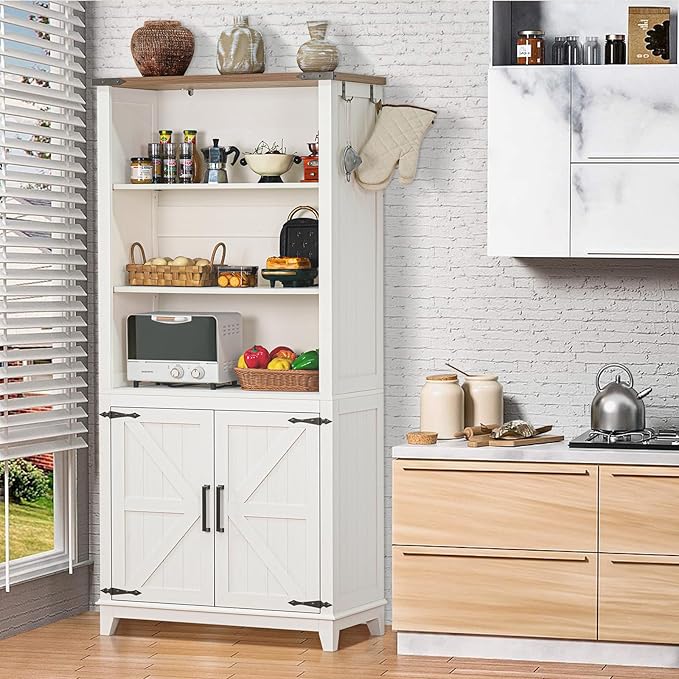 5 Tier Bookshelf 70in Tall Bookcase with Barn Doors and Storage Cabinet, White Farmhouse Book Shelf with Adjustable Shelves, Wood Freestanding Display Bookshelves for Bedroom, Kitchen (2PCS)