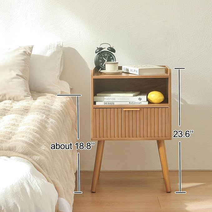 AWASEN Fluted Nightstand, Mid Century Modern Bedside Table with Storage Drawers, Wood Night Stand Bed Side Table with Solid Wood for Living Room, Bedroom, Office and Small Space (Brown)
