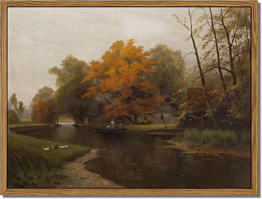 Floating Framed Canvas Wall Art Decor – Vintage Autumn by the Water Landscape Paintings Prints, Nature Countryside Pictures Wall Decor for Living Room Bedroom Office Decoration 8x10 inch