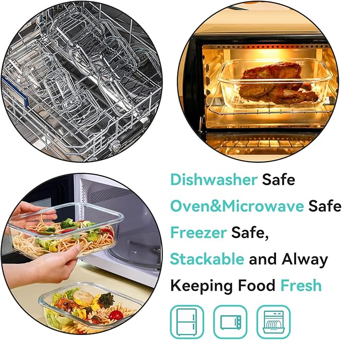 Luvan 60oz Large Glass Food Storage Containers with Lids,Glass Meal Prep Containers/Bento Boxes/Lunch Containers,BPA Free & Leak-Proof for Microwave,Oven,Freezer and Dishwasher Safe(2Pcs)