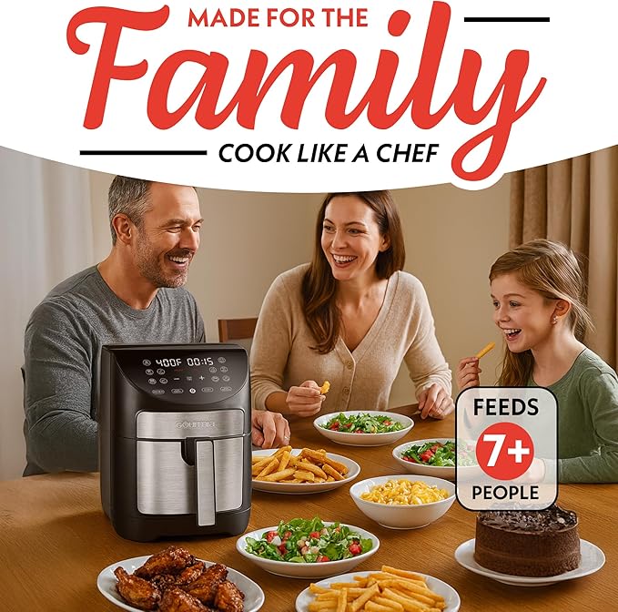 Gourmia Digital Air Fryer – 7 QT, FryForce 360° Technology, 10 Presets, Guided Cooking Prompts, Auto Shut-Off, Dishwasher Safe Basket, 1500W, black/Stainless Steel