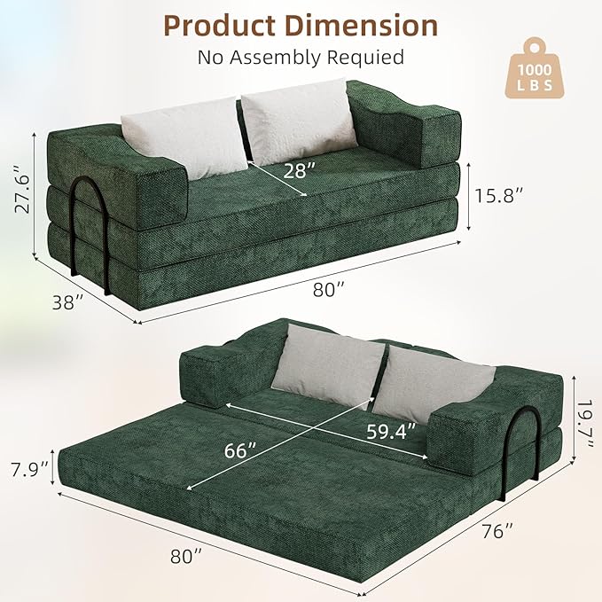 Rovibek 80-Inch 4-in-1 Boneless Sofa Bed – Corduroy Convertible Loveseat Sleeper, Fixed-Shape Frame, No Assembly Required, Space-Saving Pull-Out Futon for Living Room & Bedroom, Green