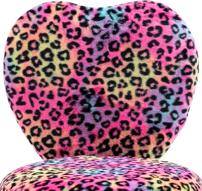 Cute Fuzzy Kids Chair for Teenage Girls Rolling Study Desk Student Chair Furry Computer Task Chair, Adjustable Heart Shaped Reading Vanity Chair for Bedroom, Leopard