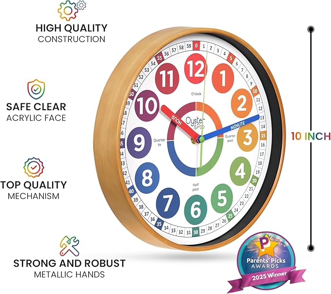 Oyster&Pop Learning Clock for Kids - Silent Telling The Time Teaching Clocks - Non-Ticking Kids Clocks for Bedrooms - Classroom Clocks for Teaching Time - Kids Learn to Tell Time Easily