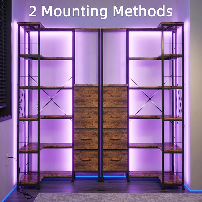 Corner Bookshelf with LED Light Strips & 4 Fabric Drawers, 6-Tier Convertible Corner Shelf with Display Shelf, Large Wood Industrial Bookcase for Living Room, Bedroom, Home Office, Rustic Brown